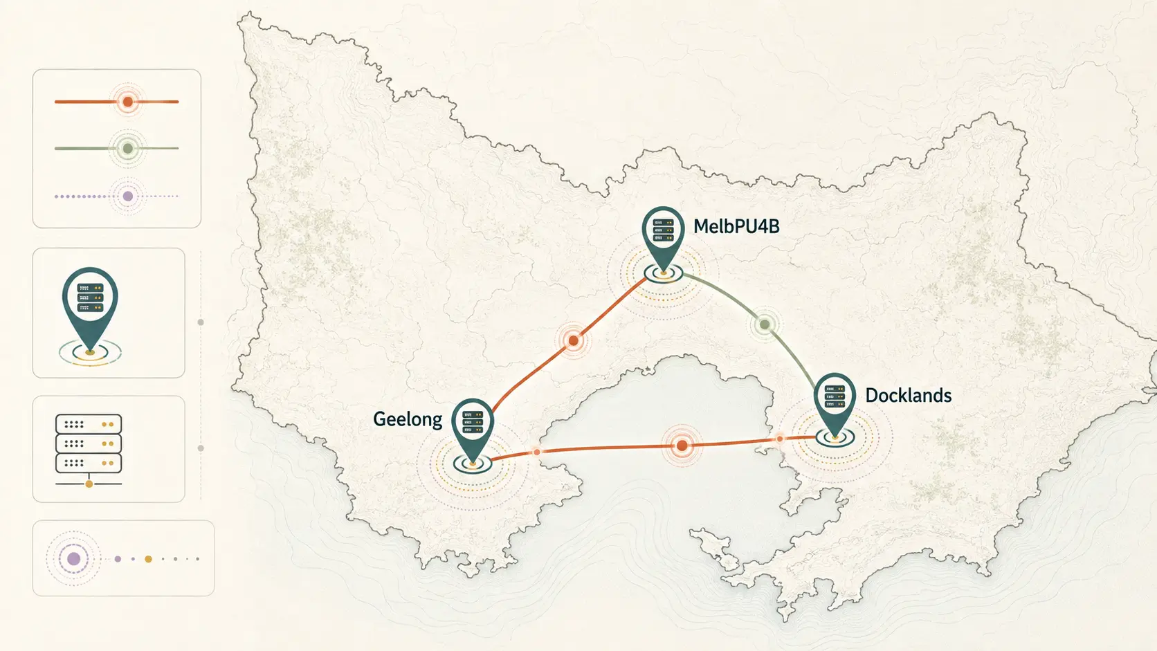 Victoria server network connecting MelbPU4B, Docklands and Geelong